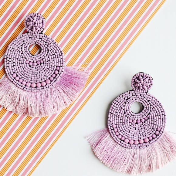 Lilac Beaded Tassel Earrings - Picture 3 of 4
